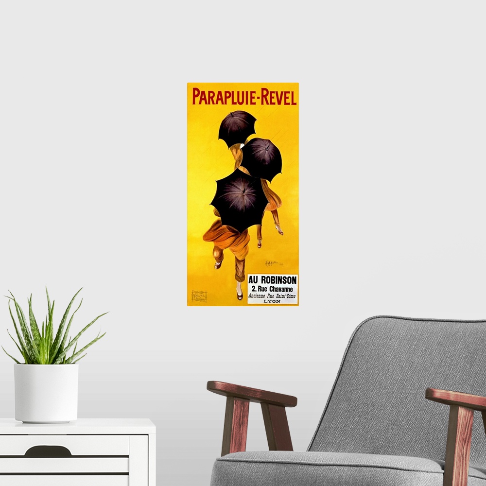 A modern room featuring Vertical, big vintage advertisement of Parapluie Revel, three people dancing in the rain, their f...