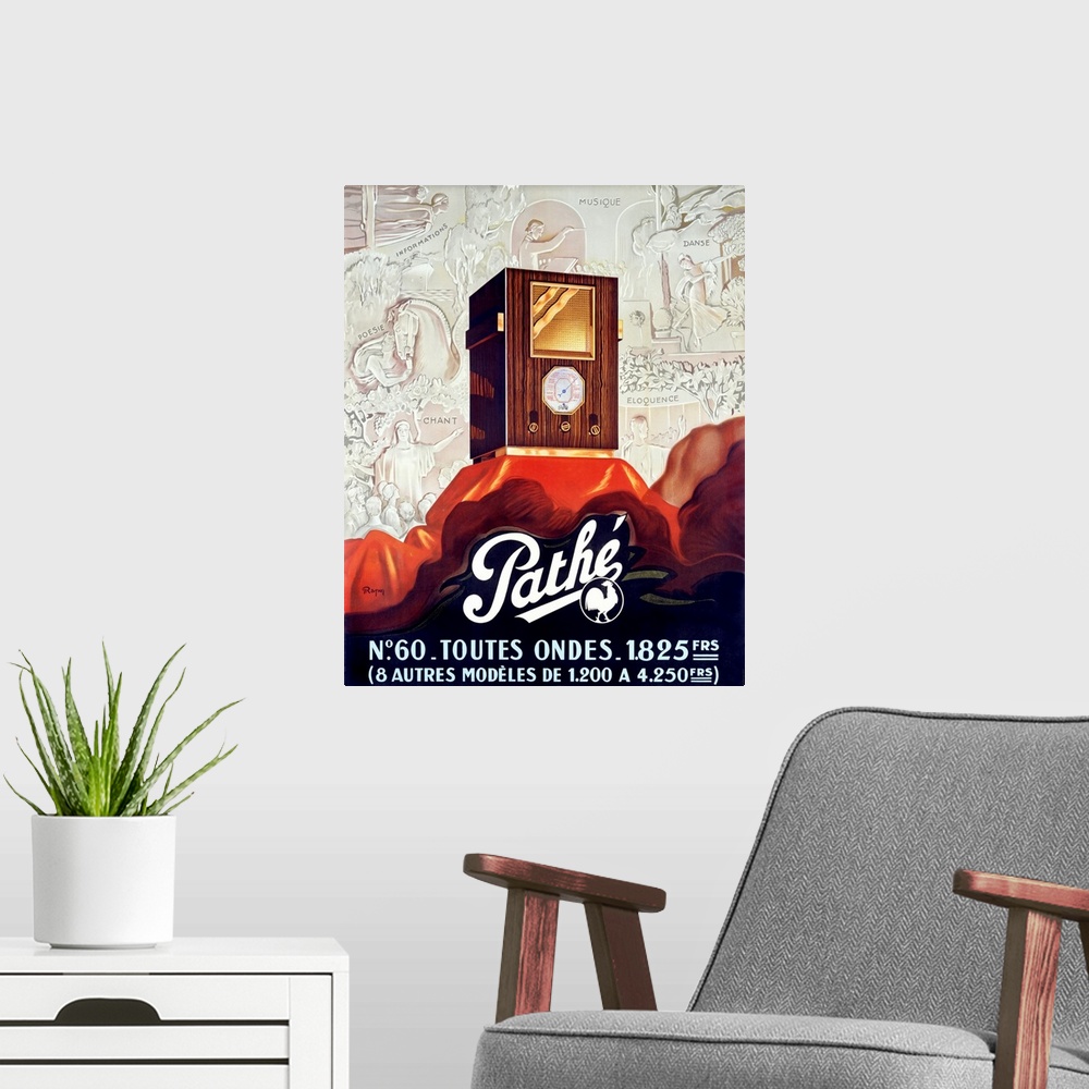 A modern room featuring Pathe, Tube Radio, Vintage Poster