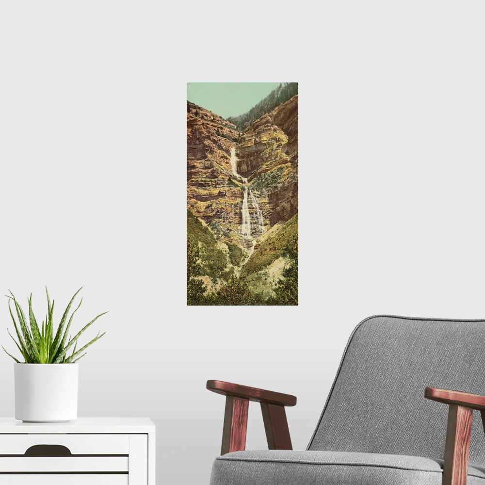 A modern room featuring Hand colored photograph of Provo falls, Utah.