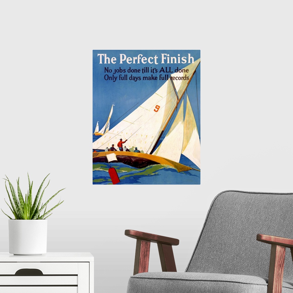 A modern room featuring This vertical wall art shows a painted poster of a racing sail boat rocking on the ocean as it pa...