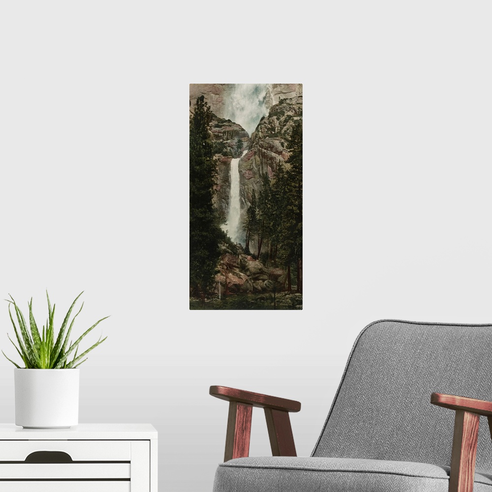 A modern room featuring Hand colored photograph of Yosemite falls, California.
