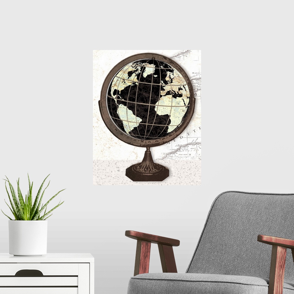 A modern room featuring Artwork of an antique old world globe, against a map print background.