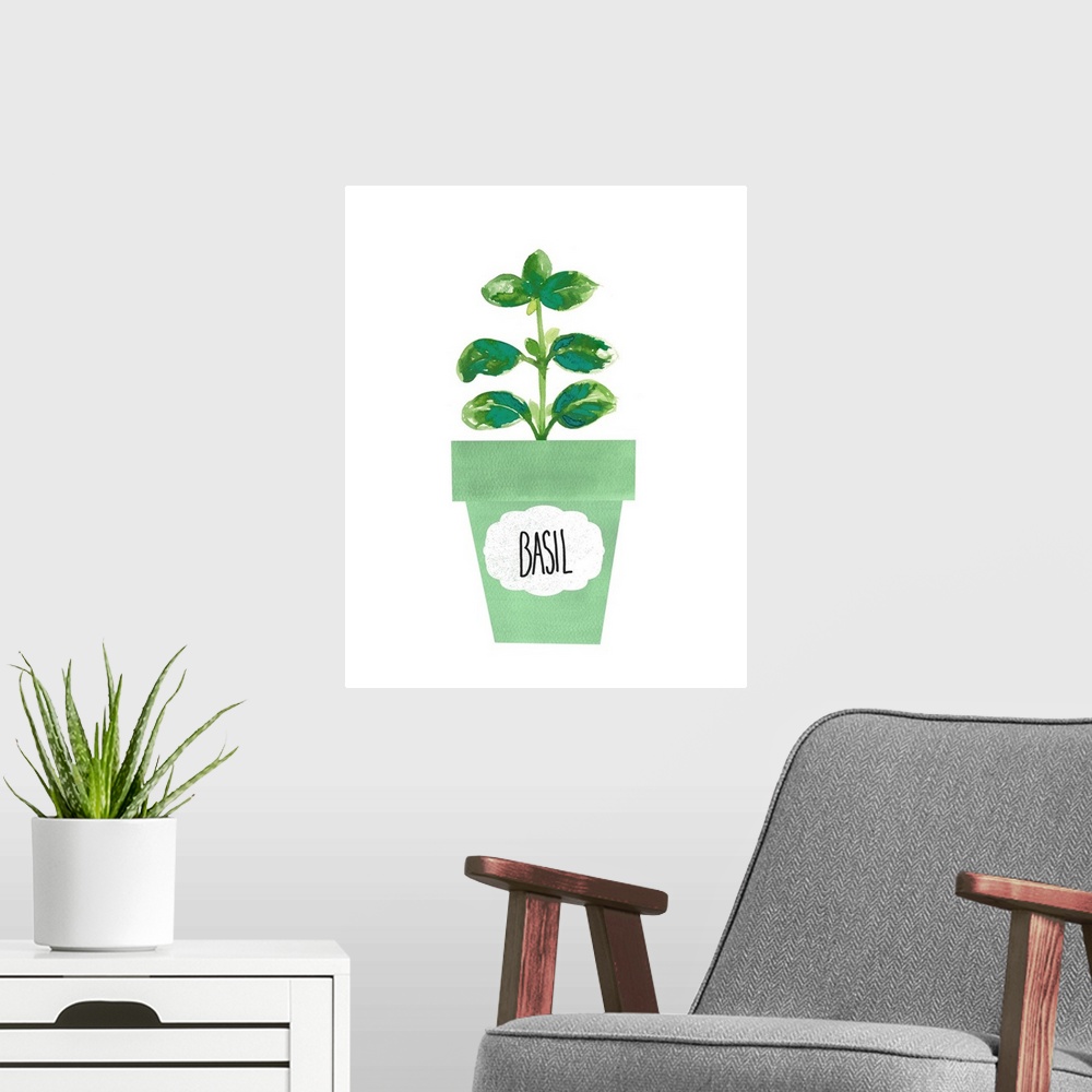 A modern room featuring Painting of a potted basil plant on a solid white background with a label on the green pot.