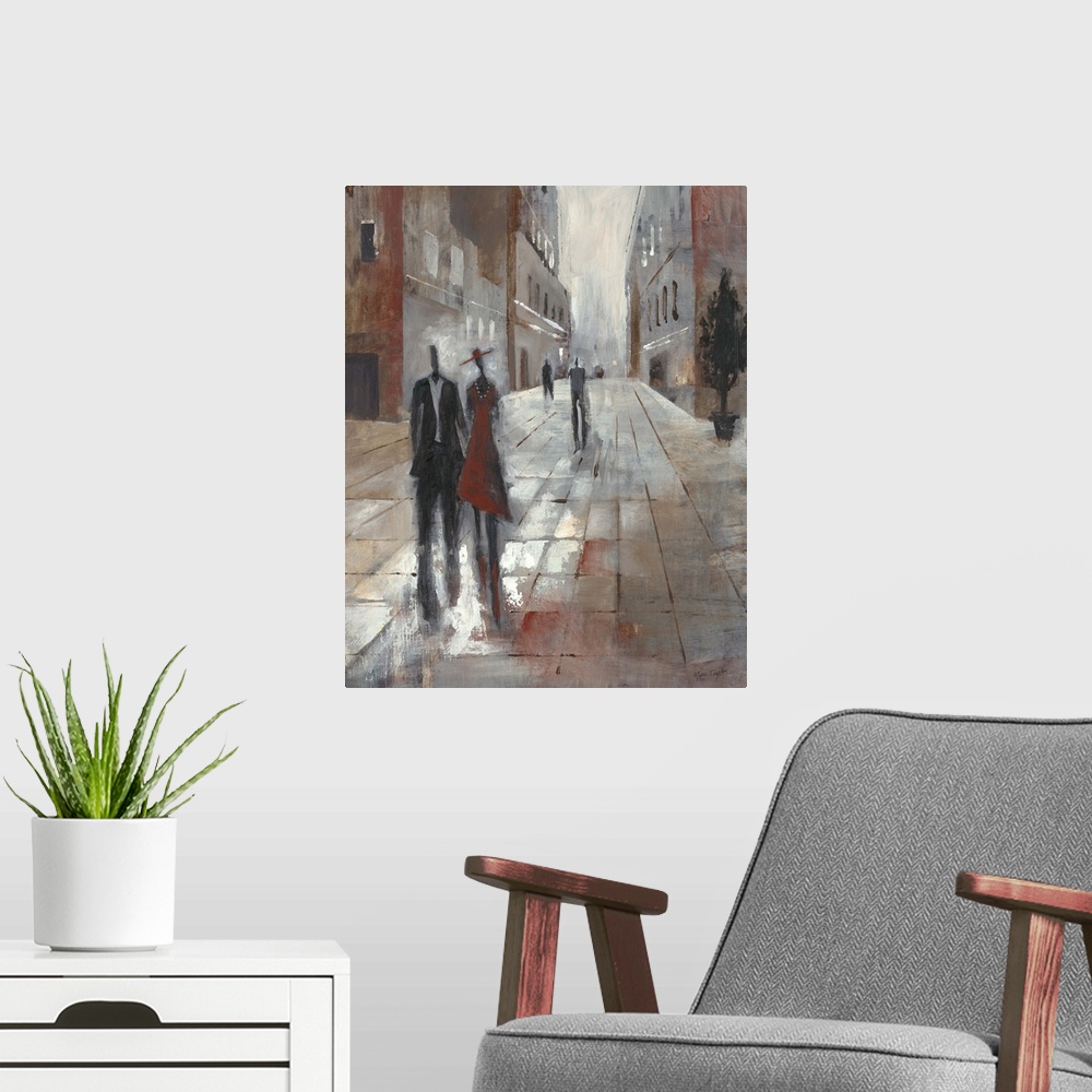A modern room featuring Contemporary painting of elongated figures walking along a city street.