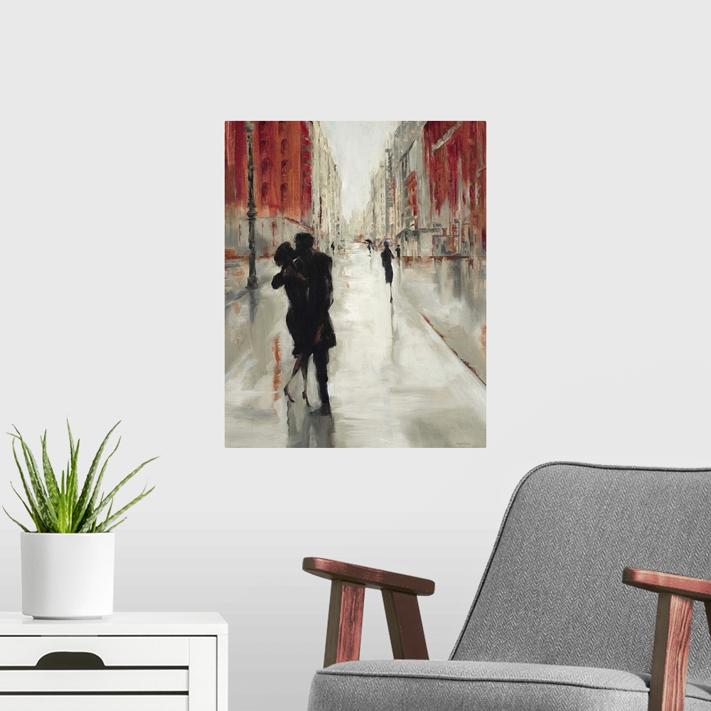 A modern room featuring Contemporary home decor painting of a silhouetted people in a loving embrace.