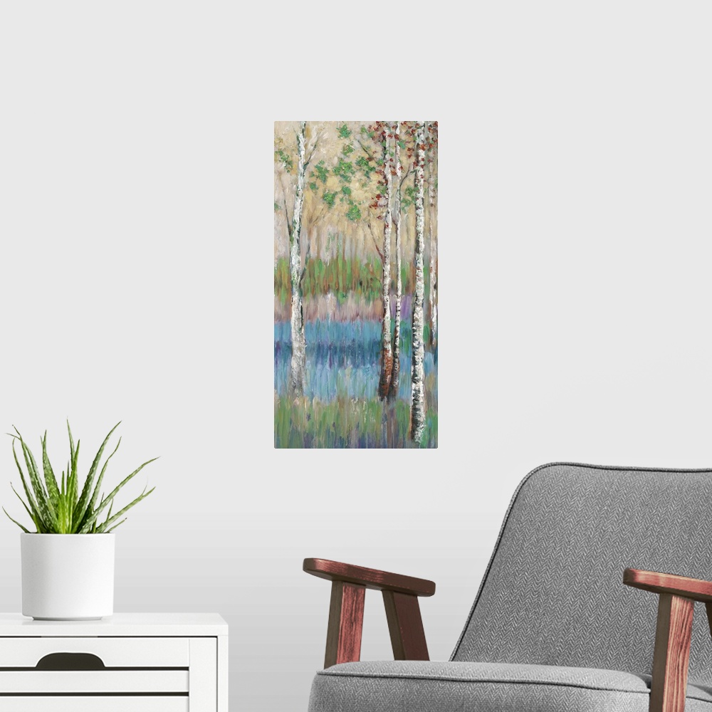 A modern room featuring Contemporary artwork of tall slender birch trees with a colorful forest floor.
