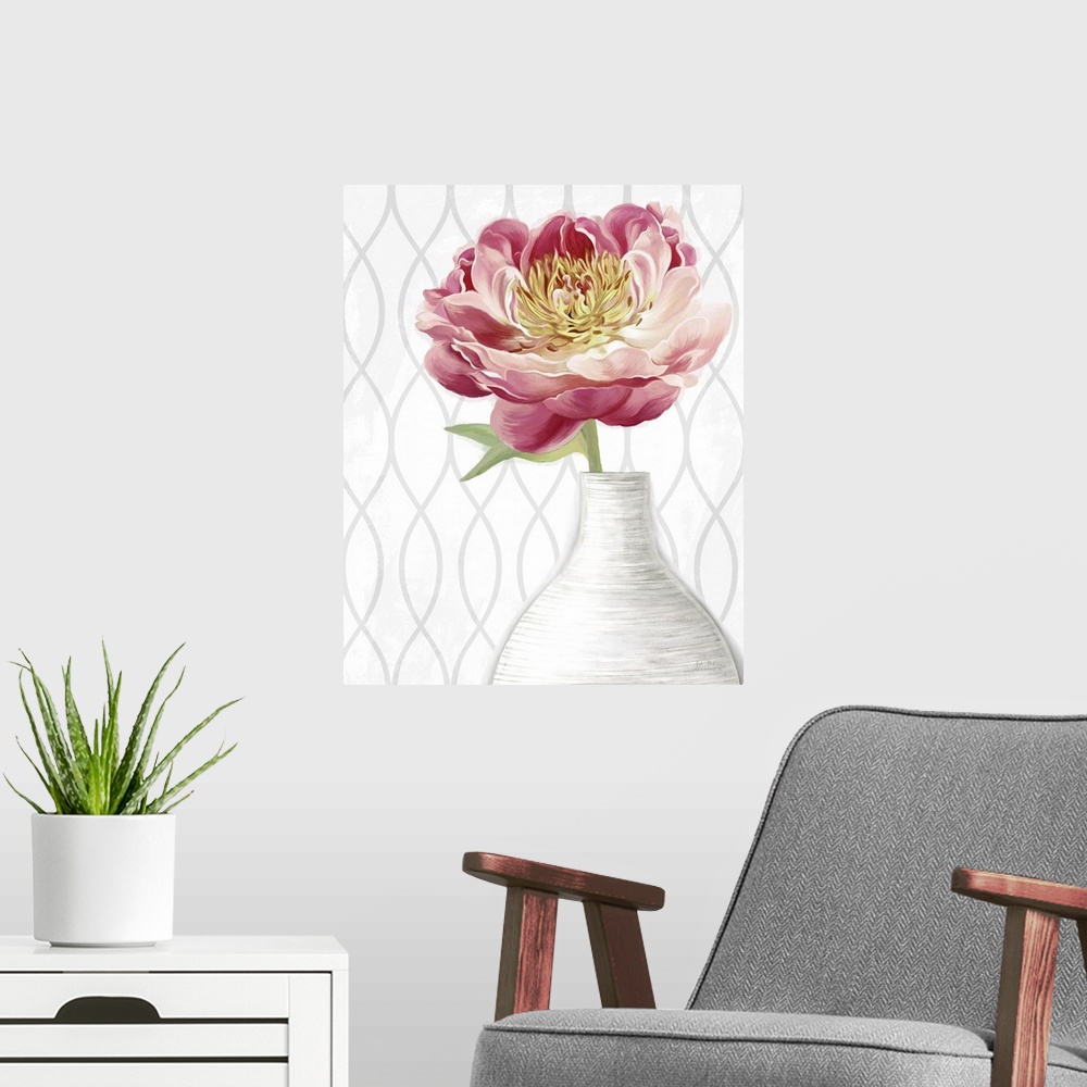A modern room featuring Home decor artwork of yellow and pink peony's in a white vase.