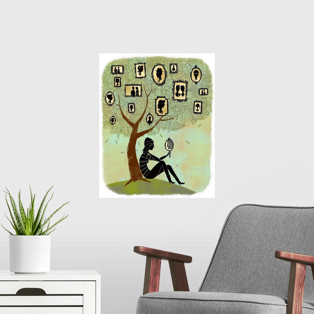 A modern room featuring Contemporary illustration with a retro feel of a girl holding a mirror and sitting under a family...