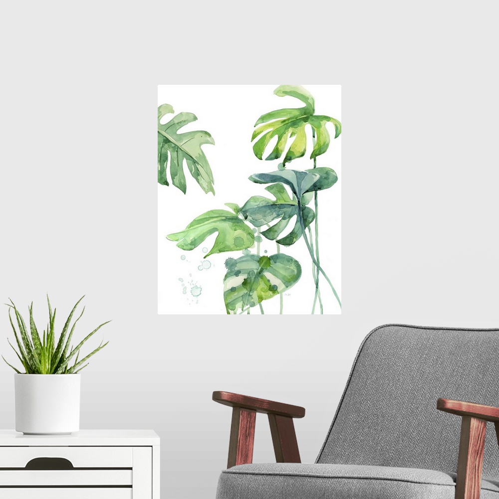 A modern room featuring Painting of tropical palm leaves in shades of green and blue on a white background.