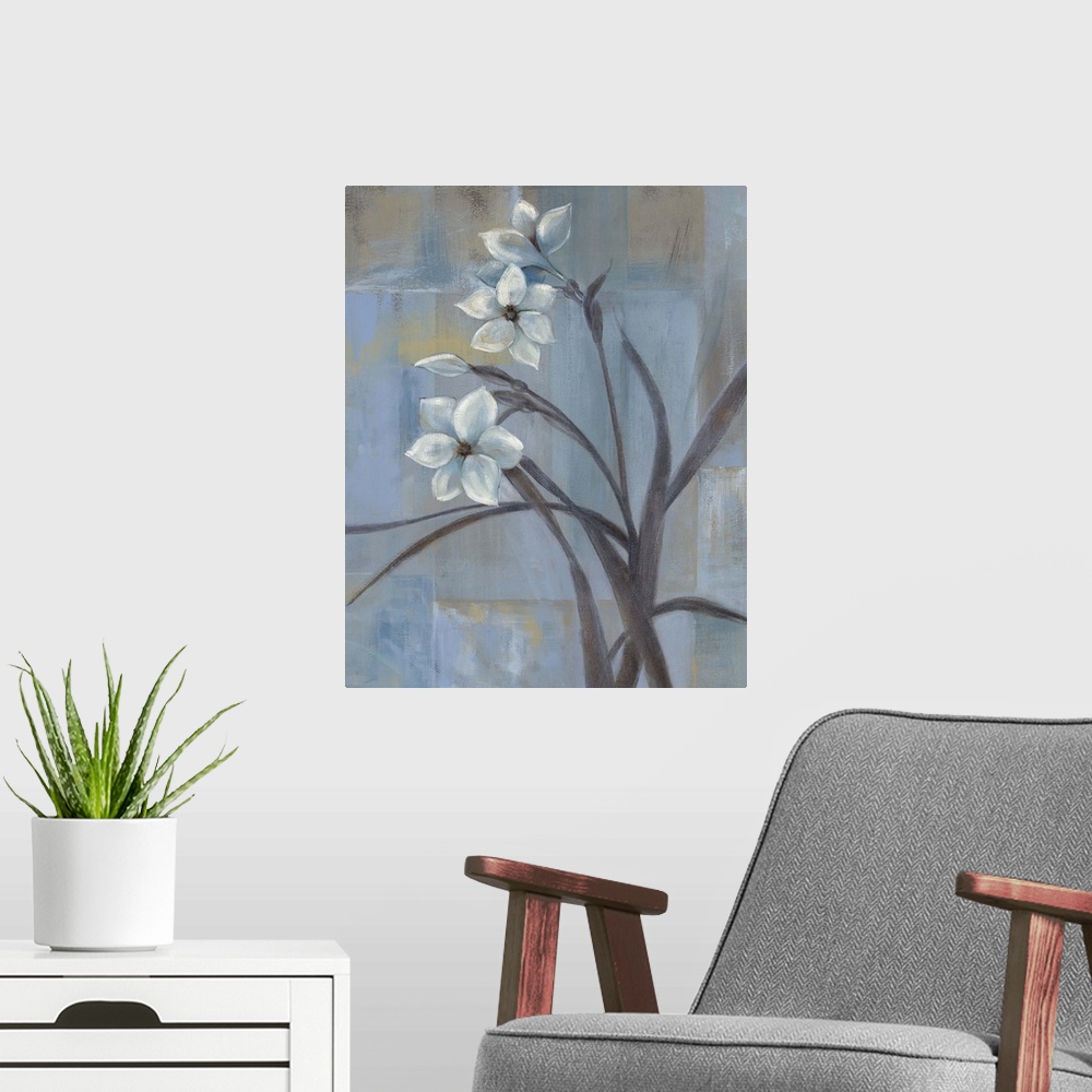 A modern room featuring Contemporary painting of three white tulips and slender leaves and stems.