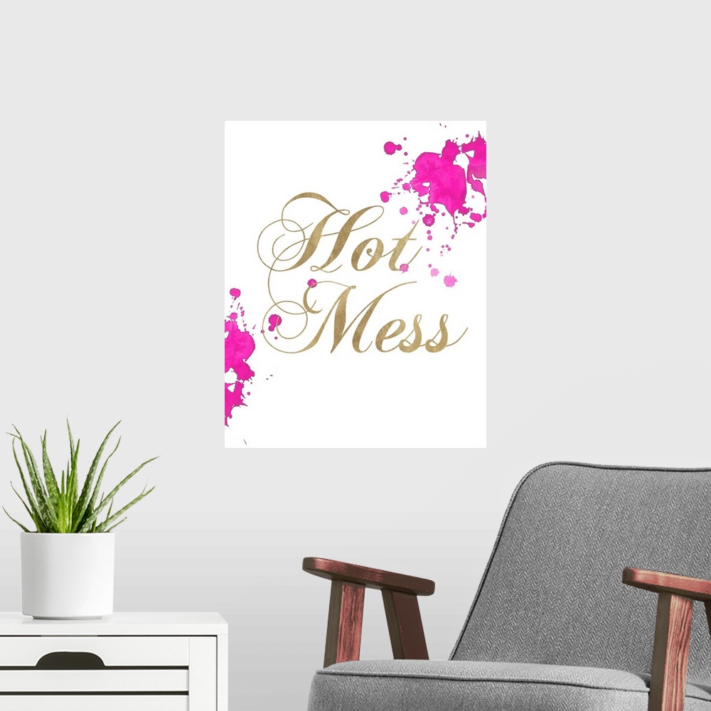 A modern room featuring Gold lettering and bright pink splatter marks against a white background.