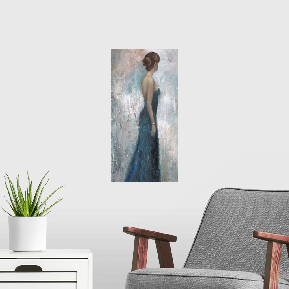 A modern room featuring Contemporary painting of a woman wearing a blue dress looking to her left.