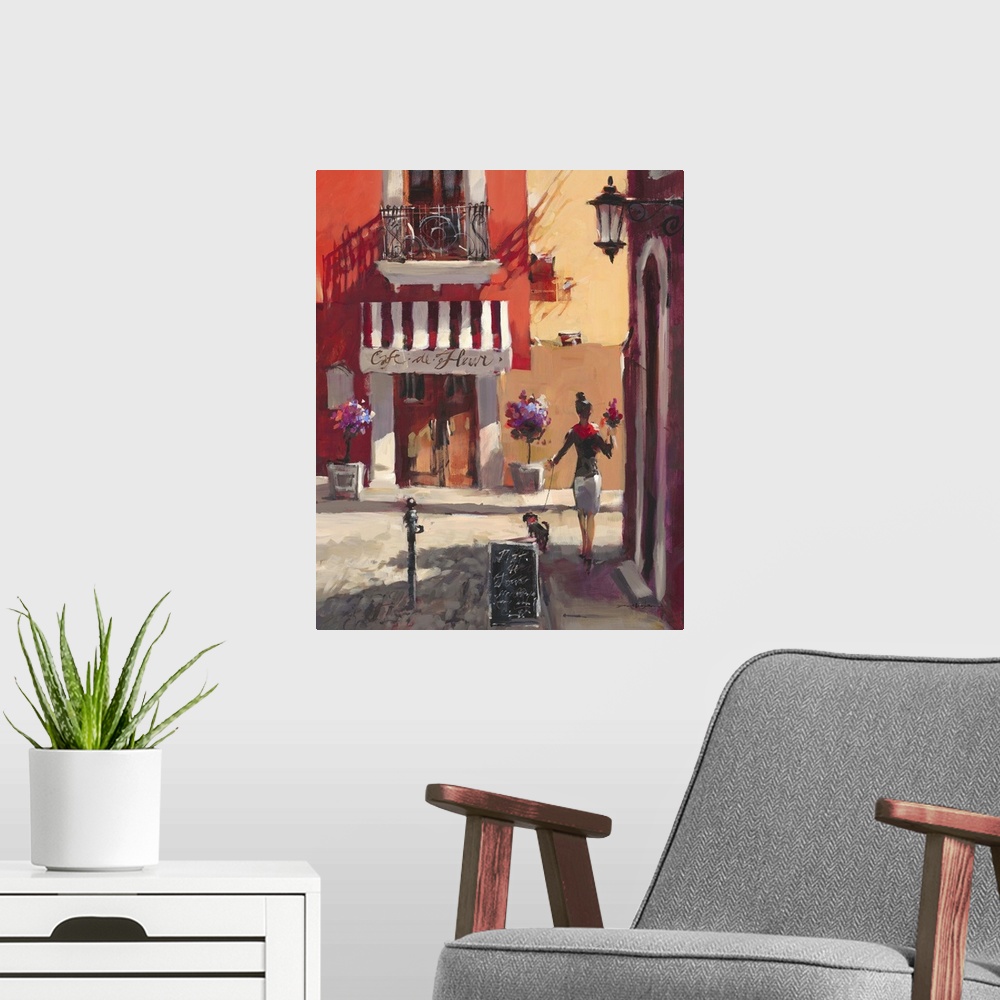 A modern room featuring Painting of a woman walking along a sidewalk with a small dog on a leash in colorfully in a town ...
