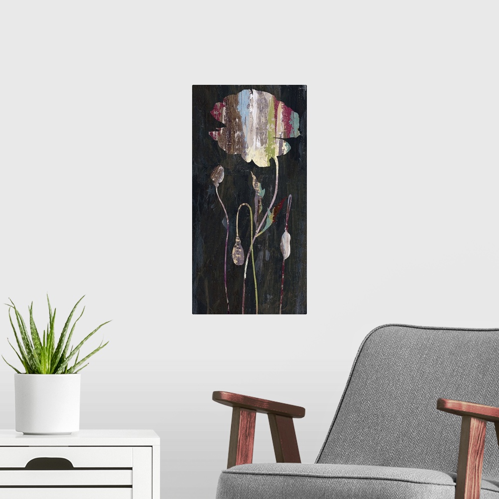 A modern room featuring Contemporary painting of a colorful flower silhouette on dark grey.