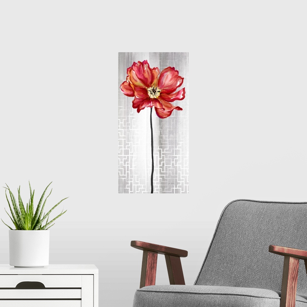 A modern room featuring Contemporary home decor art of a red flower against a silver patterned background.