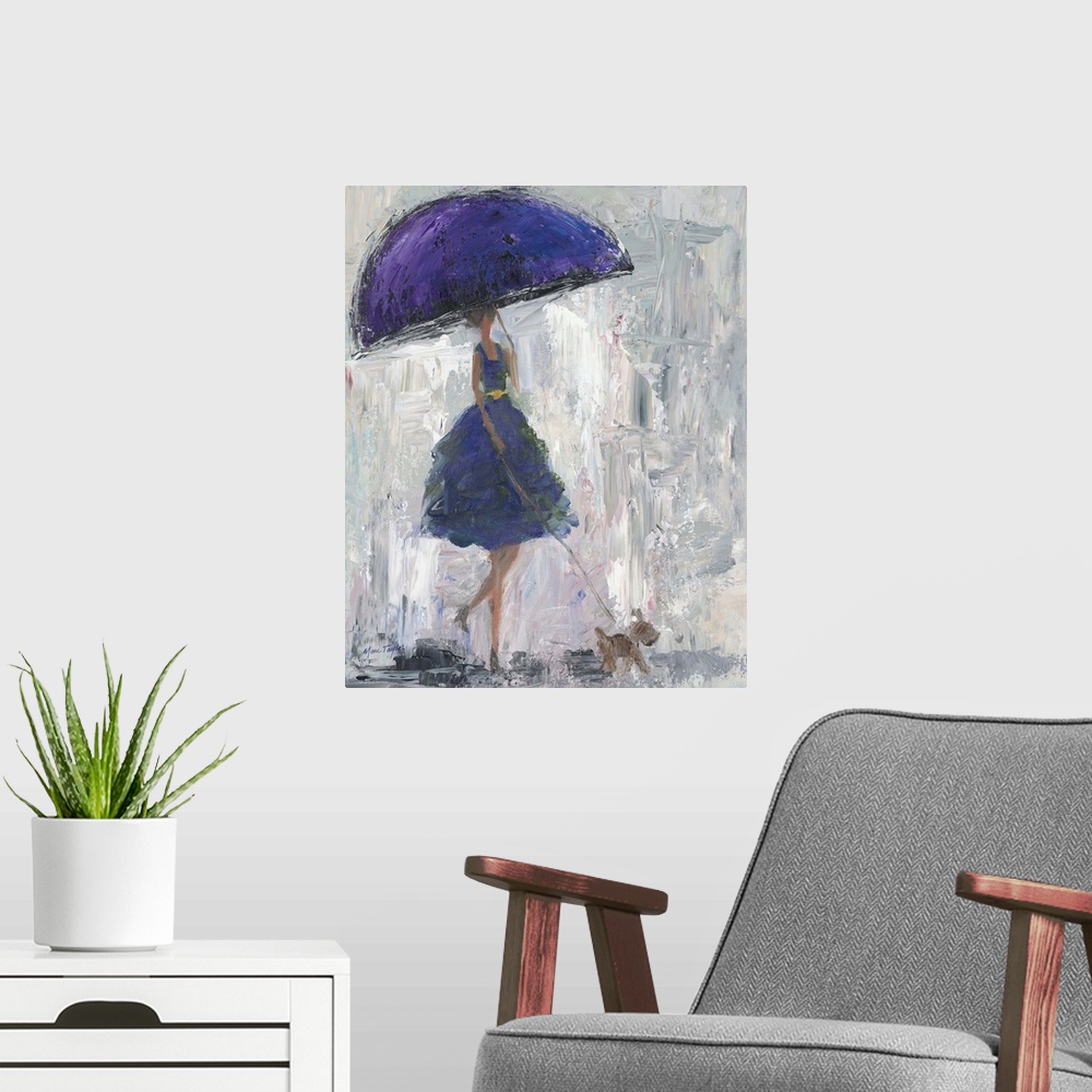 A modern room featuring Contemporary painting of a woman in a blue dress walking in the rain with a purple umbrella.