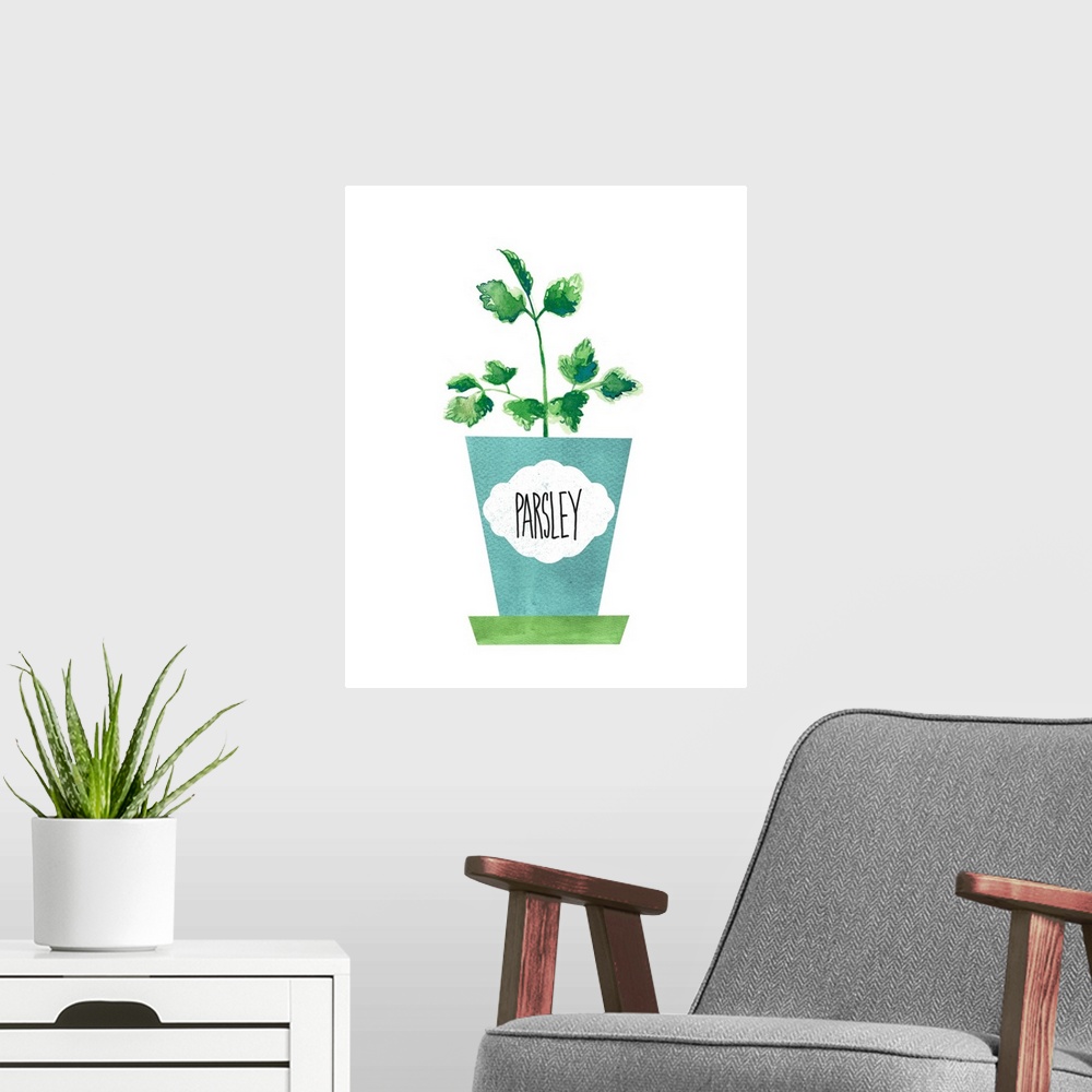 A modern room featuring Painting of a potted parsley plant on a solid white background with a label on the blue pot.