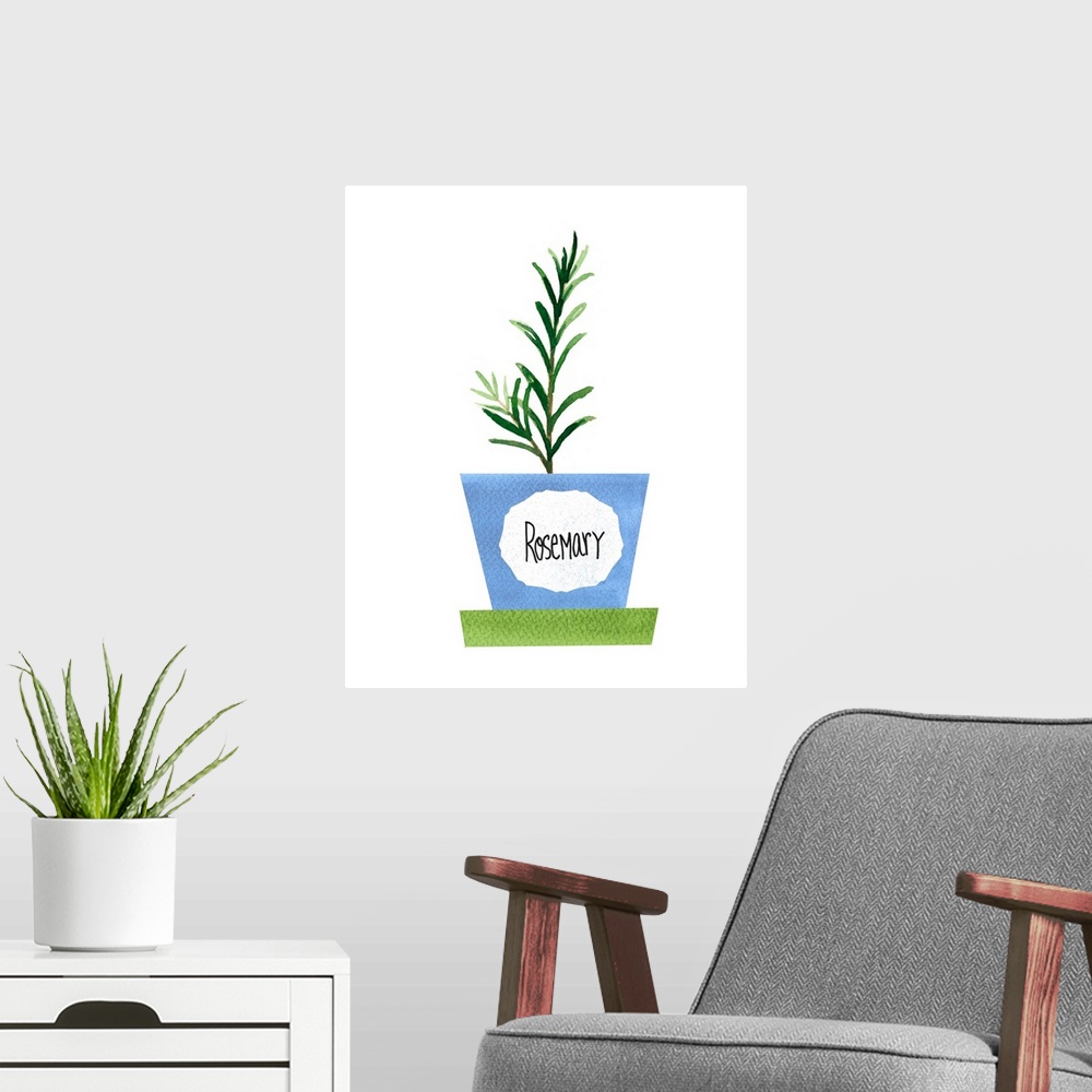 A modern room featuring Painting of a potted rosemary plant on a solid white background with a label on the blue pot.