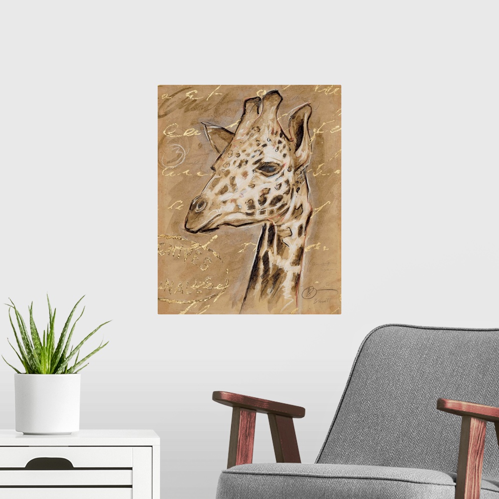 A modern room featuring Portrait of a giraffe in brown tones with golden writing.