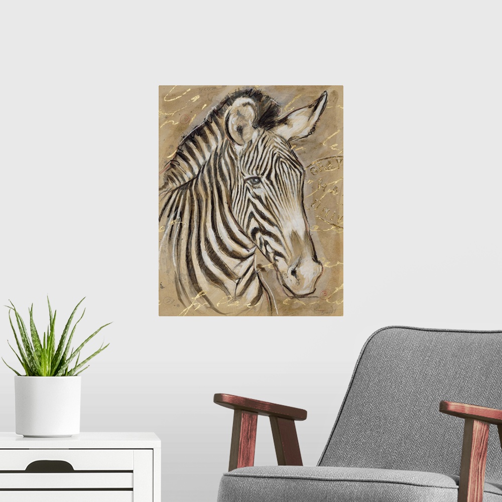A modern room featuring Portrait of a zebra in brown tones with golden writing.