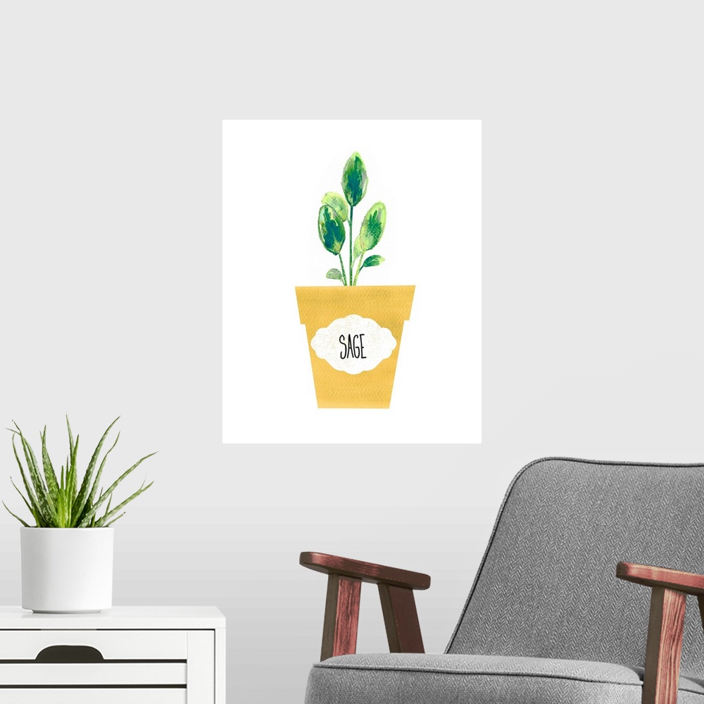 A modern room featuring Painting of a potted sage plant on a solid white background with a label on the yellow pot.