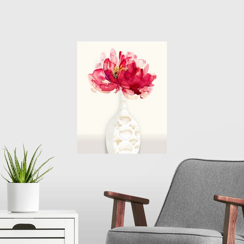 A modern room featuring Abstract painting of a red flower inside of a white vase with gold patterns on a cream colored ba...