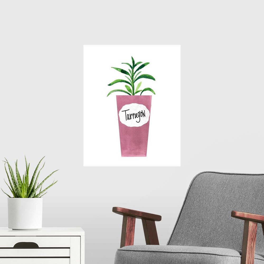 A modern room featuring Painting of a potted tarragon plant on a solid white background with a label on the pink pot.