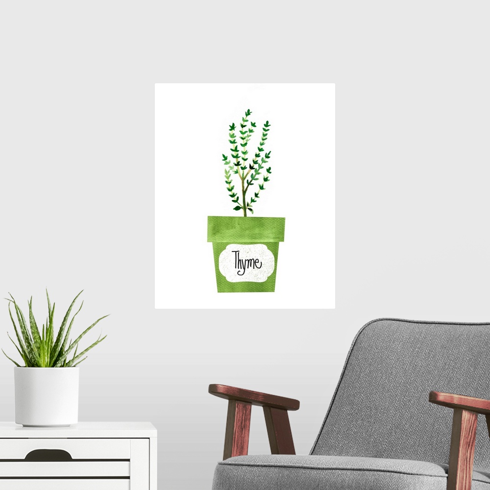 A modern room featuring Painting of a potted thyme plant on a solid white background with a label on the green pot.