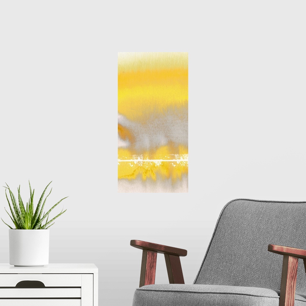 A modern room featuring Contemporary abstract artwork using bright yellow against beige tones.
