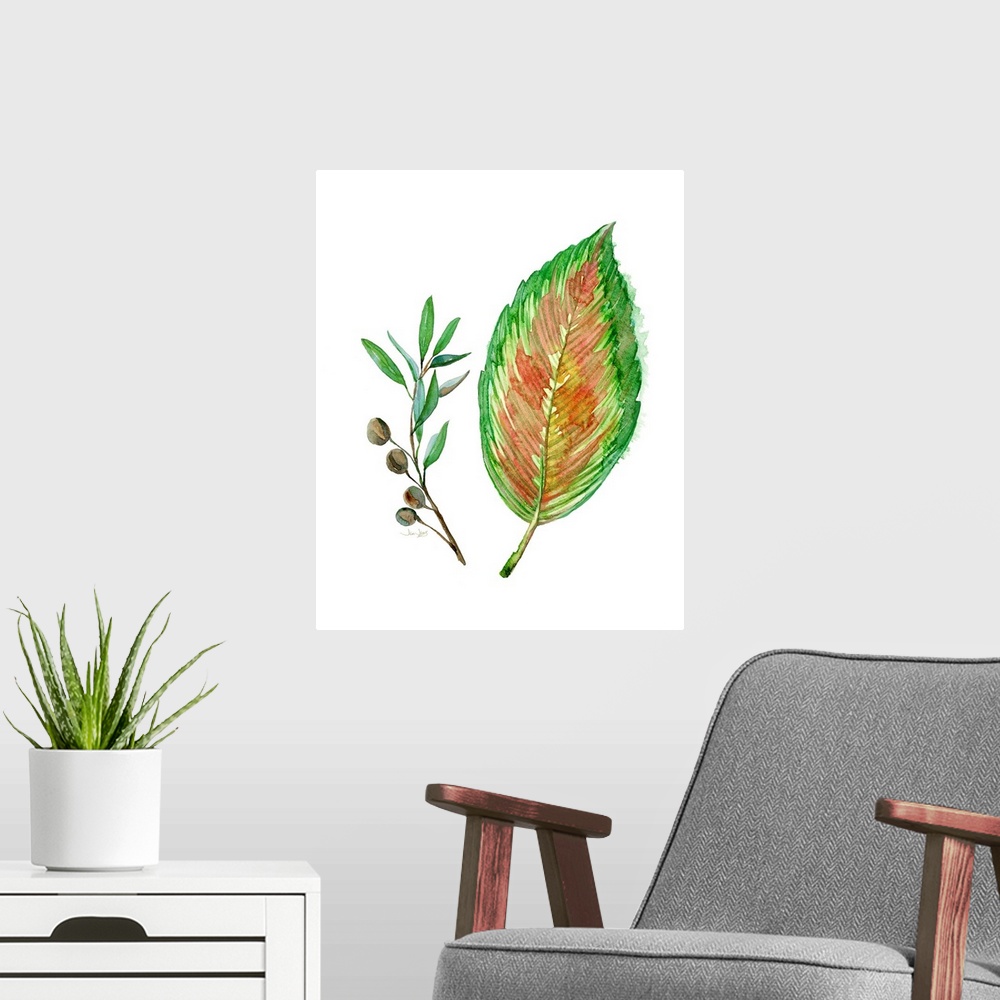 A modern room featuring Painting of a tropical palm leaf and a sprig with berries in green, yellow, orange, blue, and pin...