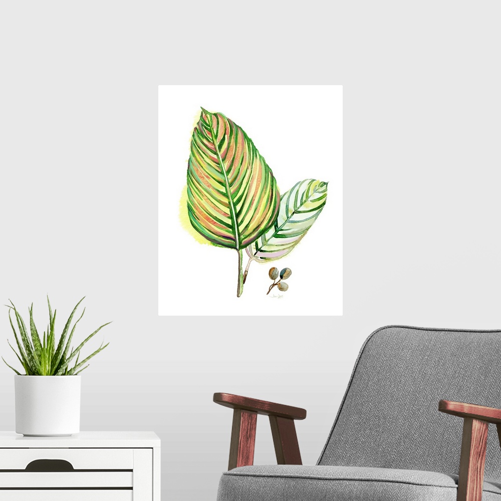 A modern room featuring Painting of two tropical palm leaves in green, yellow, orange, and pink hues on a solid white bac...