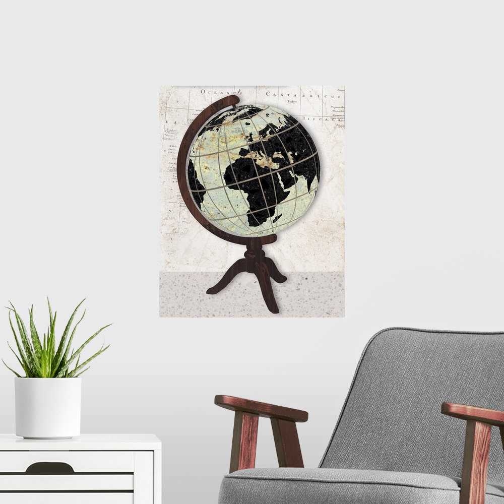 A modern room featuring Artwork of an antique old world globe, against a map print background.