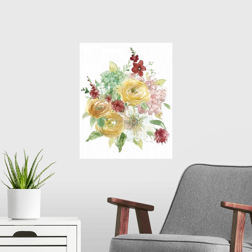 A modern room featuring Artwork of a variety of springtime flowers in full bloom on white.