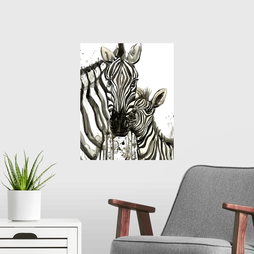 A modern room featuring A mother zebra nuzzling with her baby.