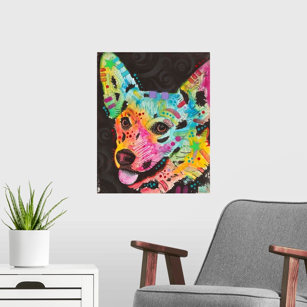 A modern room featuring Colorful painting of a Corgi with graffiti-like designs on a black background with faint white sw...