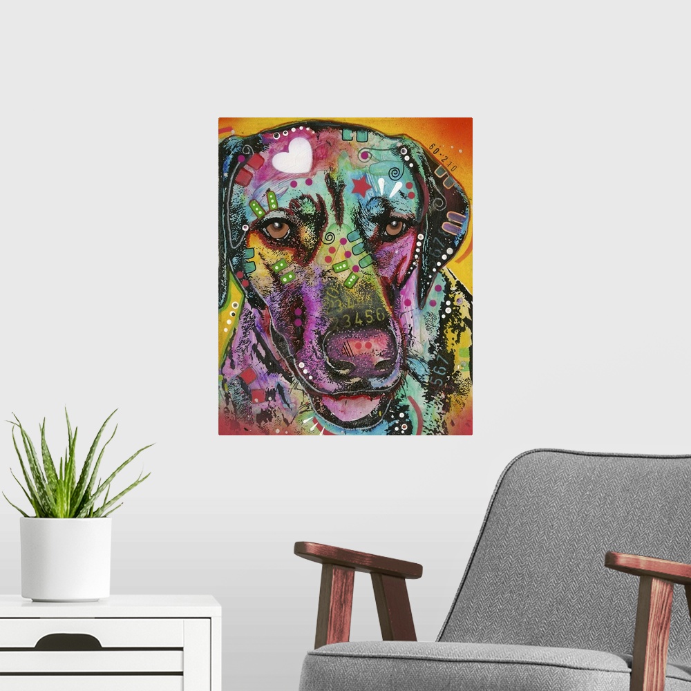 A modern room featuring Contemporary painting of a colorful Labrador with geometric abstract designs all over.