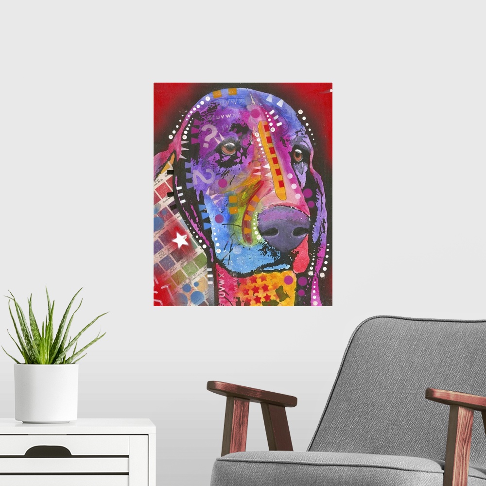 A modern room featuring Contemporary painting of a colorful Hound dog with geometric abstract designs all over on a red b...