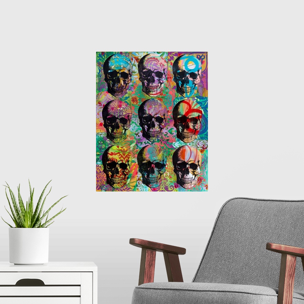 A modern room featuring 9 skulls in three rows with colorful abstract designs all over.