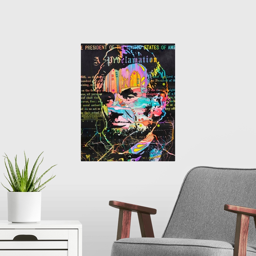 A modern room featuring Colorful abstract illustration of Abraham Lincoln with his Proclamation written in the background...