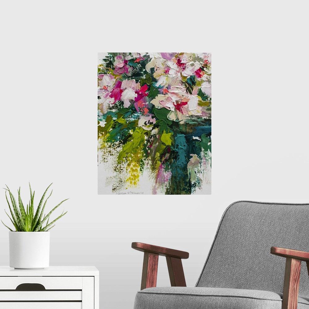 A modern room featuring Beautiful pink and white floral painting and floral art prints by contemporary artist painter Mel...
