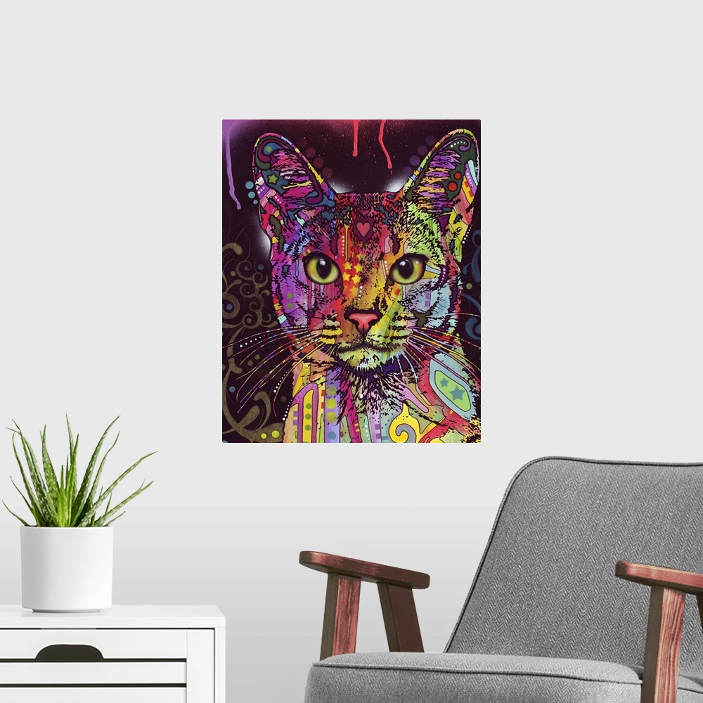 A modern room featuring Large abstract painting of a cat made up of different colors and patterns.