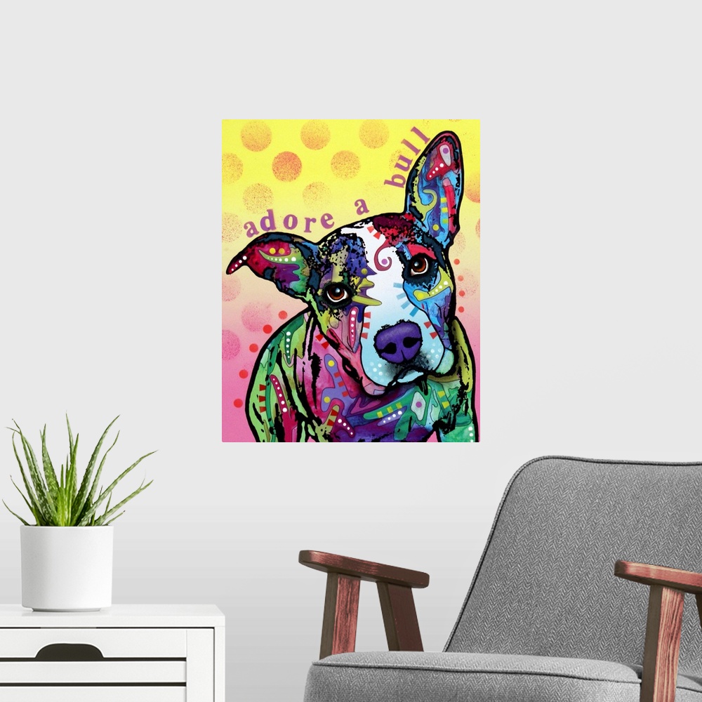 A modern room featuring dog, Adoreabull, Pit Bull,