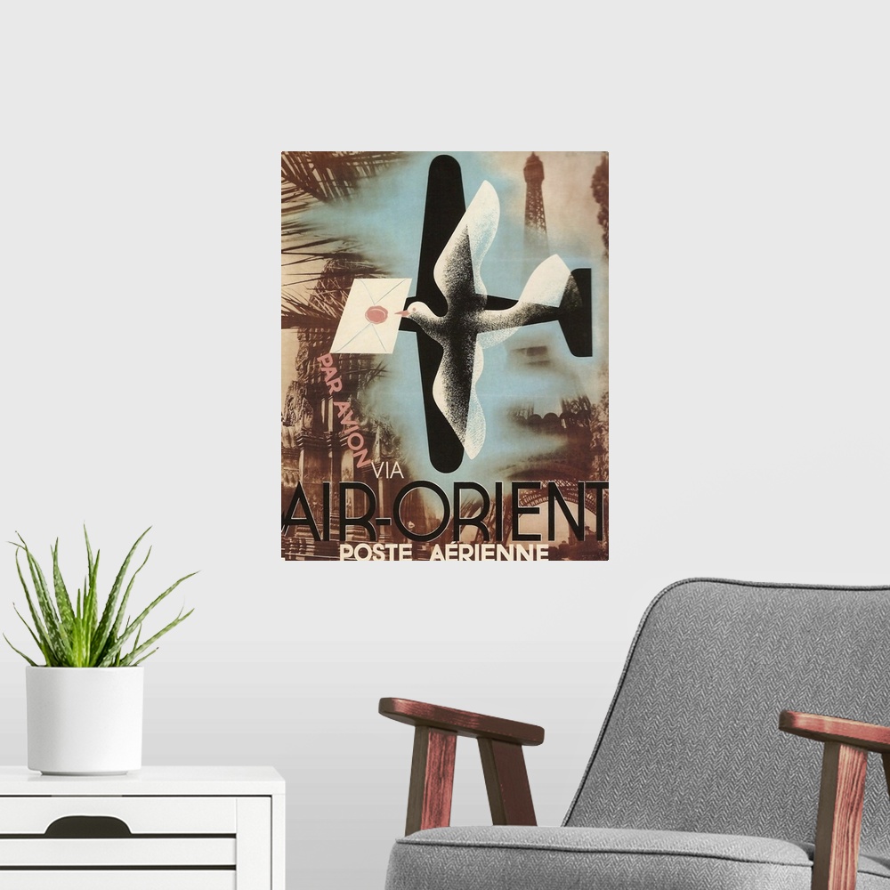A modern room featuring Air Orient Dove - Vintage Airmail Advertisement