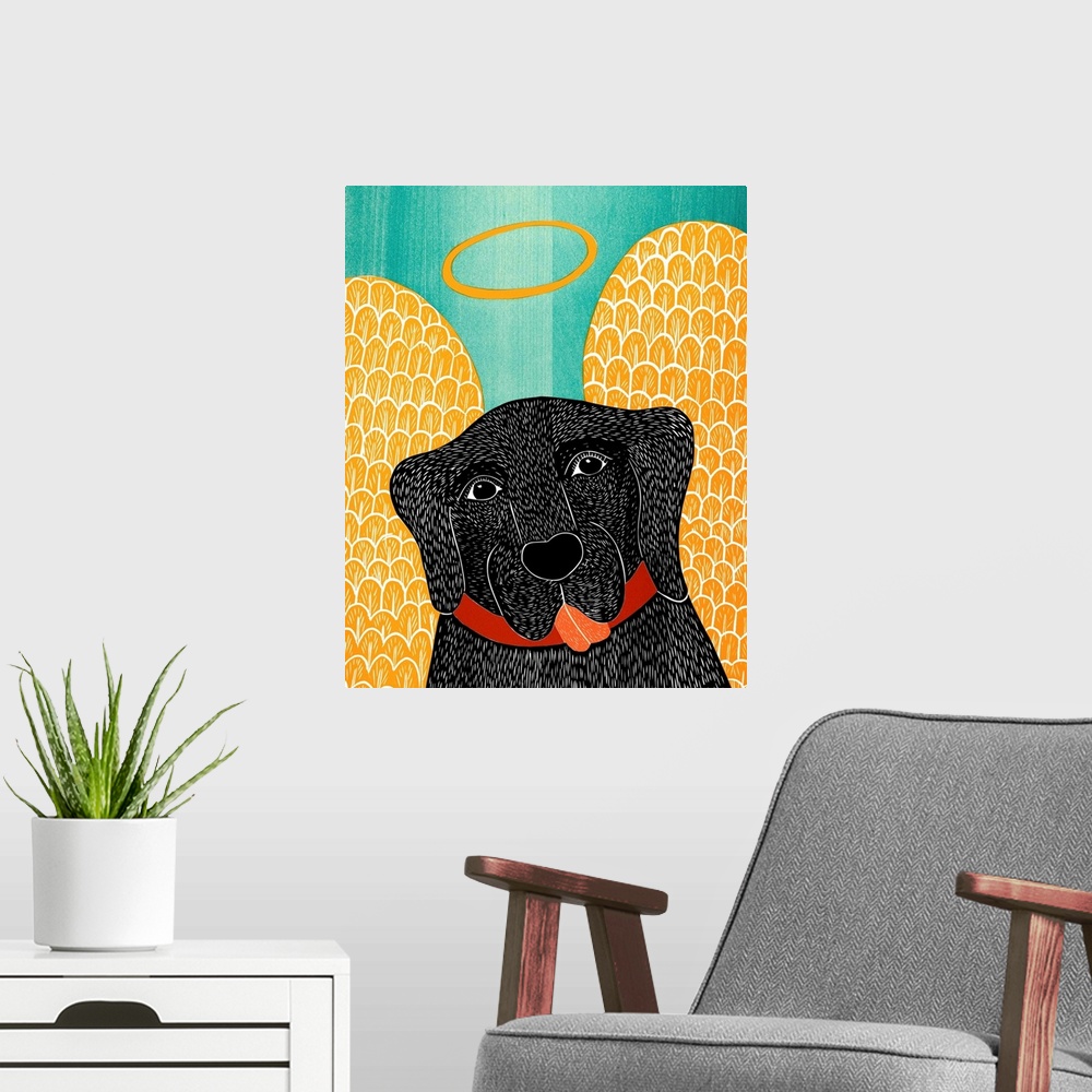 A modern room featuring Illustration of a black lab with angel wings and a halo.