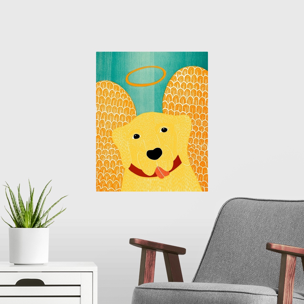 A modern room featuring Illustration of a yellow lab with angel wings and a halo.