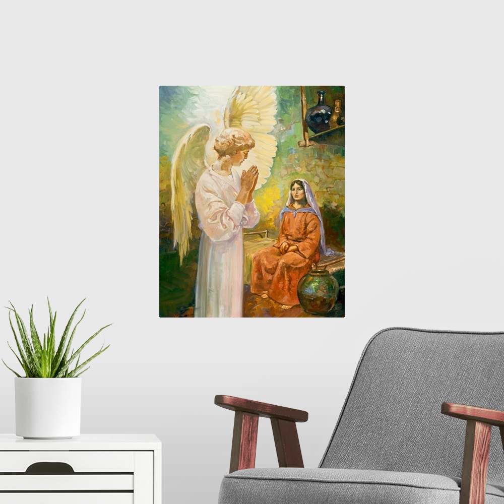 A modern room featuring An angel, making itself known to a woman.