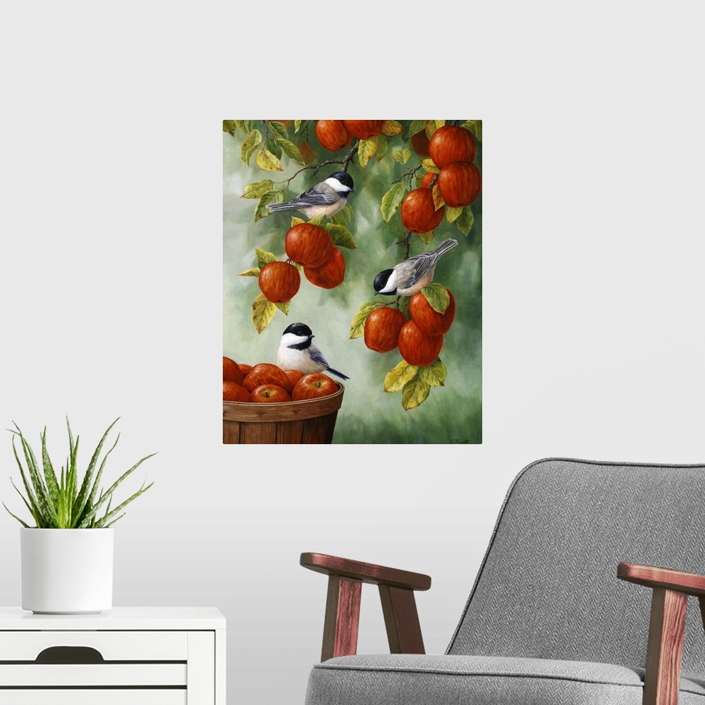 A modern room featuring Three little chickadees perched on apples in an apple tree and basket.