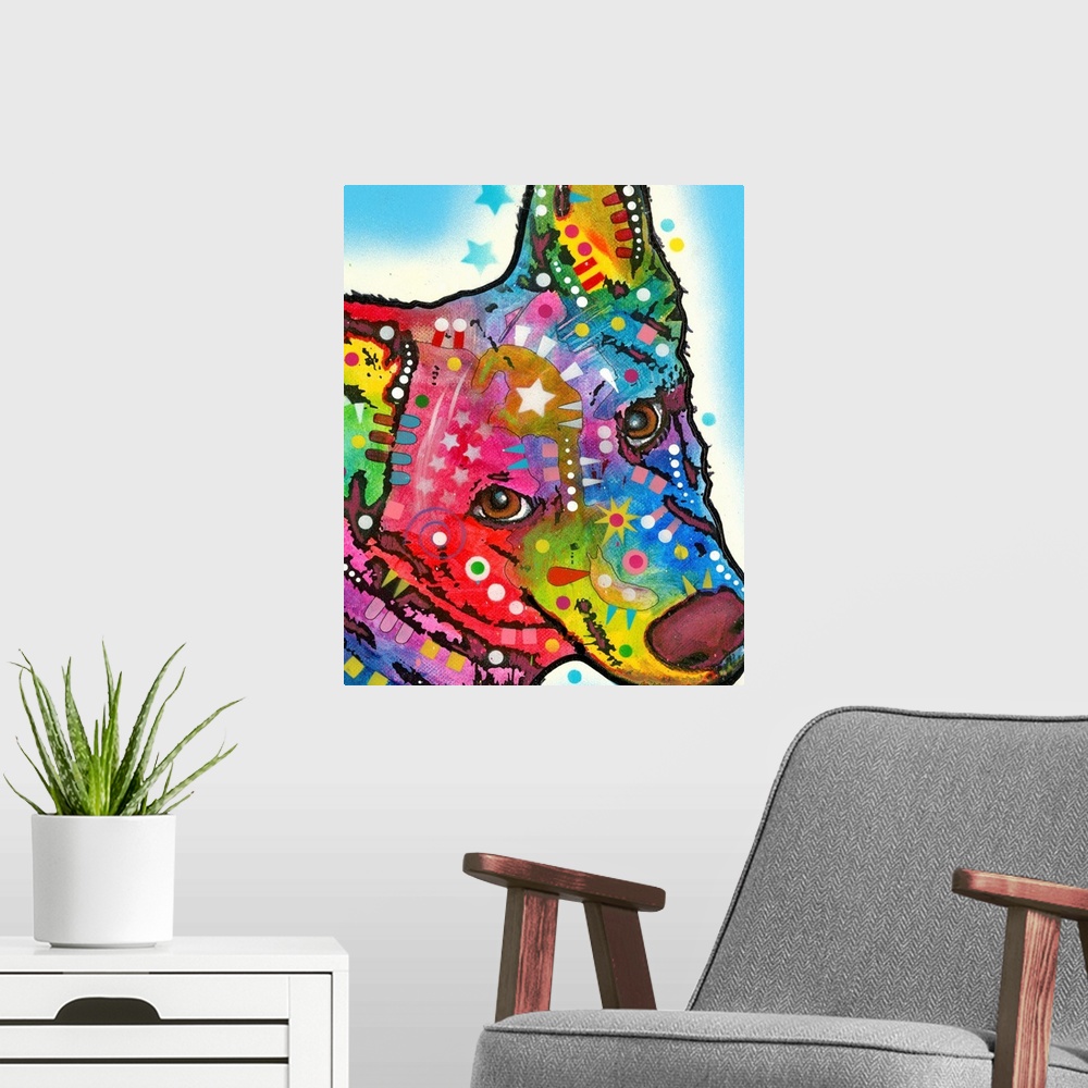 A modern room featuring Contemporary painting of a colorful Aussie Sheep Dog with abstract geometric markings on a blue a...