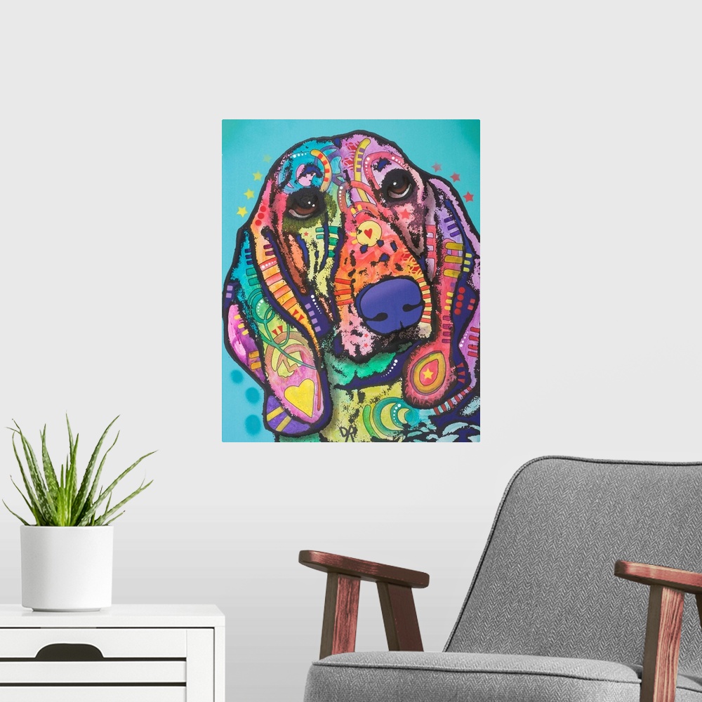 A modern room featuring Colorful artwork of a hound dog with graffiti-like designs on a light blue background.