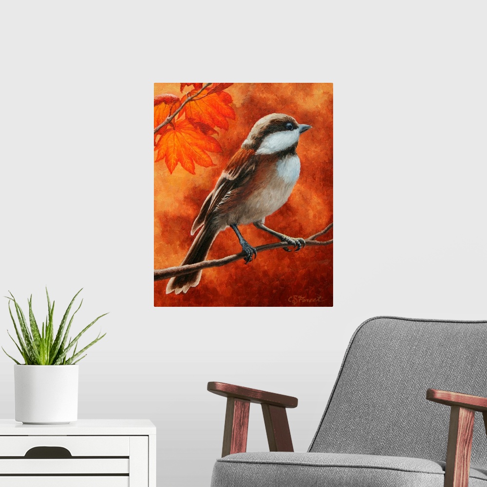 A modern room featuring Chickadee on a branch in autumn.